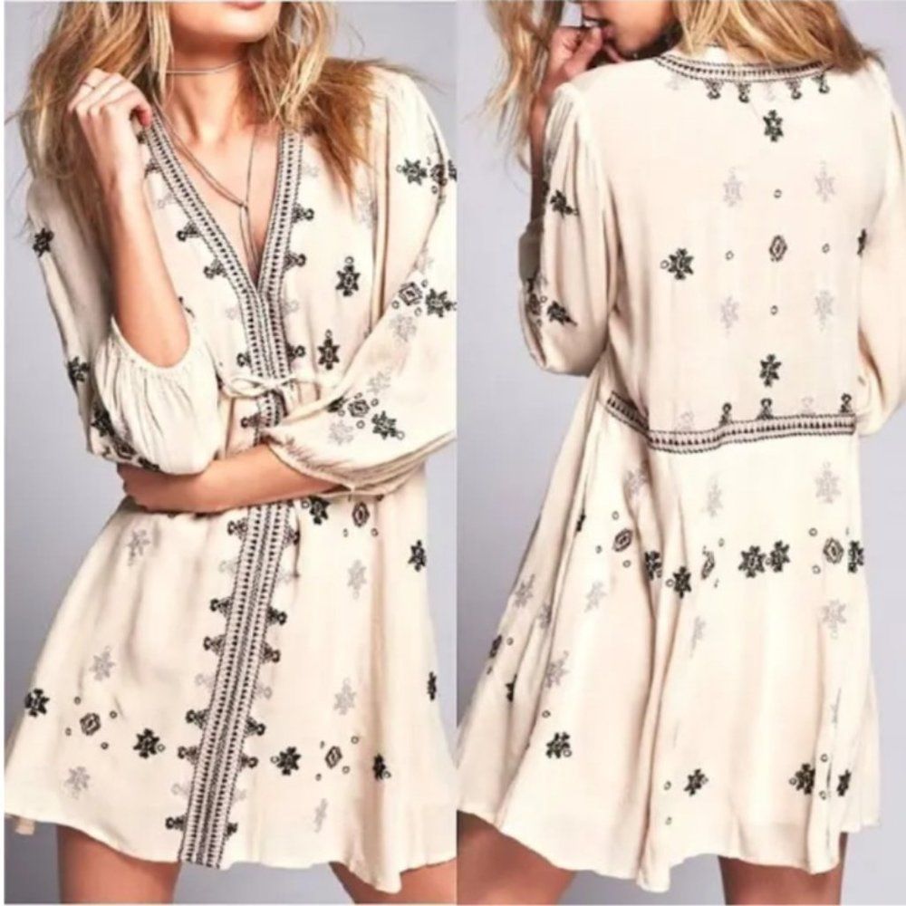 Free People Cream Mini Dress with Black Embroidery